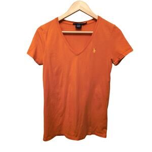 Vintage Ralph Lauren Sport Orange‎ V-Neck Tee Shirt Top 100% Cotton Basic Fall